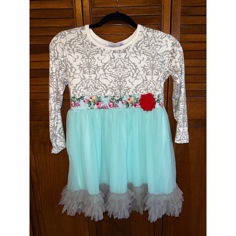 Adorable Sweetness Girls Sz 8 Damask Tulle Ruffle Dress Mint Grey Floral Flower